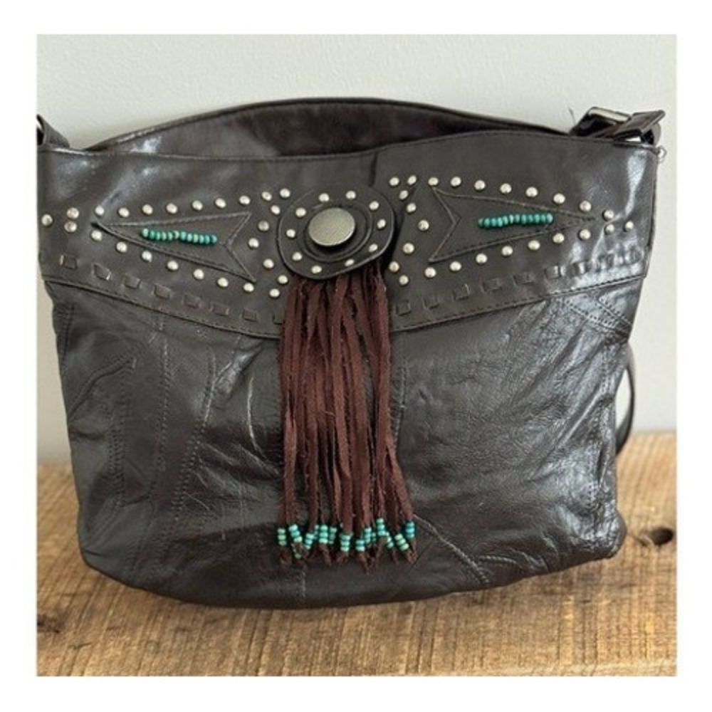 Vintage Western Bohemian Style Leather/PVC Studded Turquoise Crossbody Festival